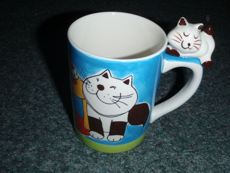 Keramika hrnček biela mačka - modry