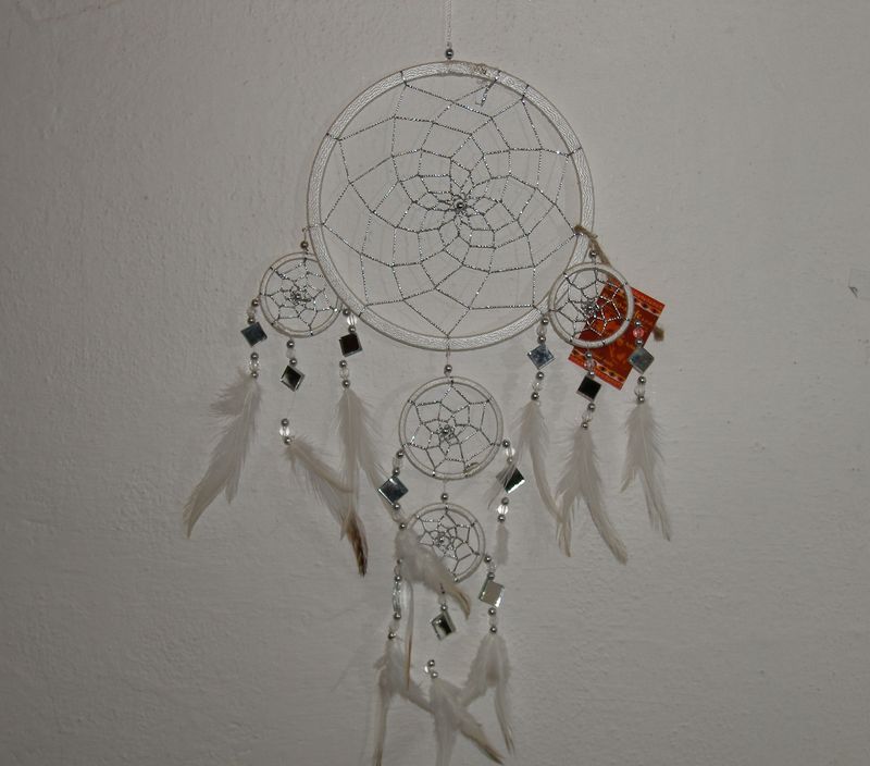 Lapač snov 17 cm zrkadielka strieb. nitka biela